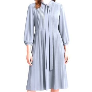 Prodesign Womens Pleated TieNeck Dress  S Blue Long Sleeve Elegant Midi Dress